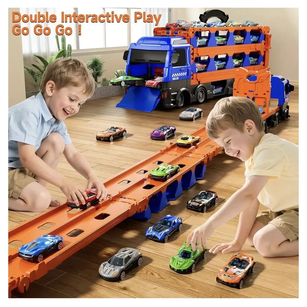 78 Inch Race Track Truck W/ 12 Metal Cars Foldable Carrier Toy Transport Vehicle
